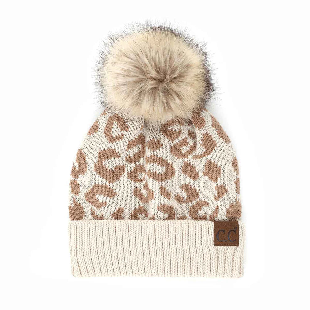 CC Beige Leopard Pattern Pom Beanie