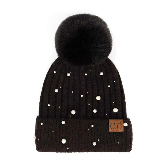 CC Black Pearl Embellished Pom Beanie