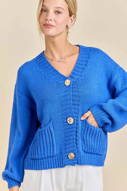 Cobalt Blue Chunky Knit Button-Up Cardigan