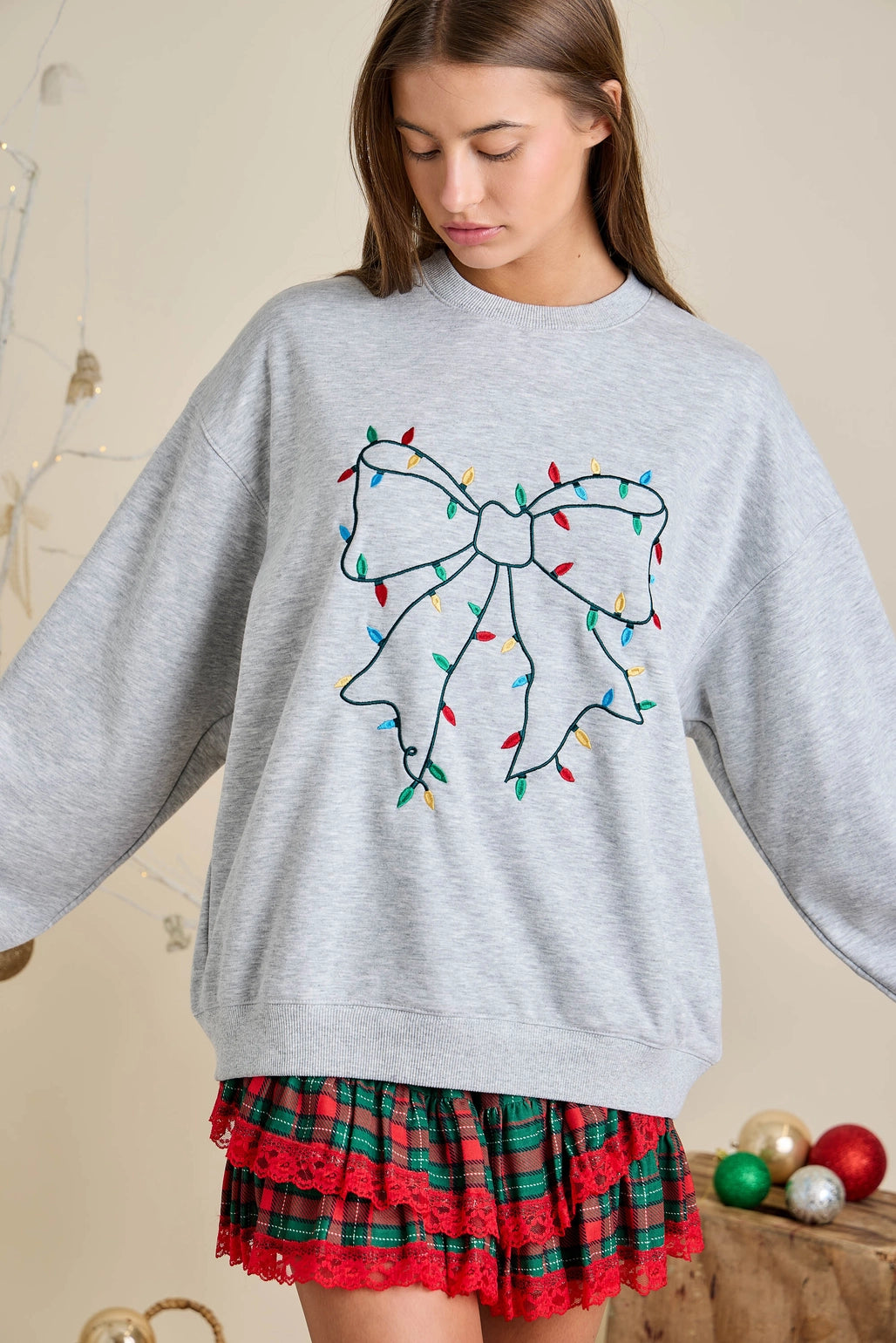 Christmas Light Ribbon Bow Embroidered Crewneck