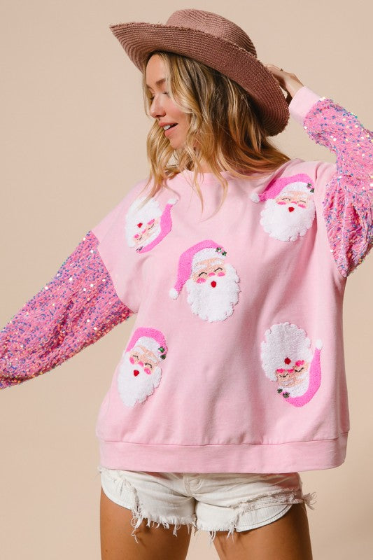 Pink Velvet Sequin Christmas Santa Face Pullover