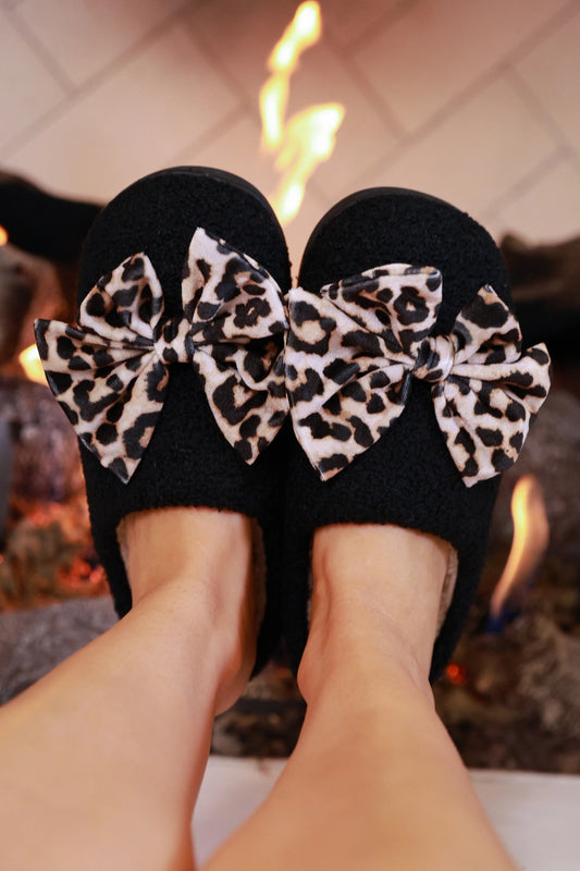 Black Leopard Cozy Bow Slippers