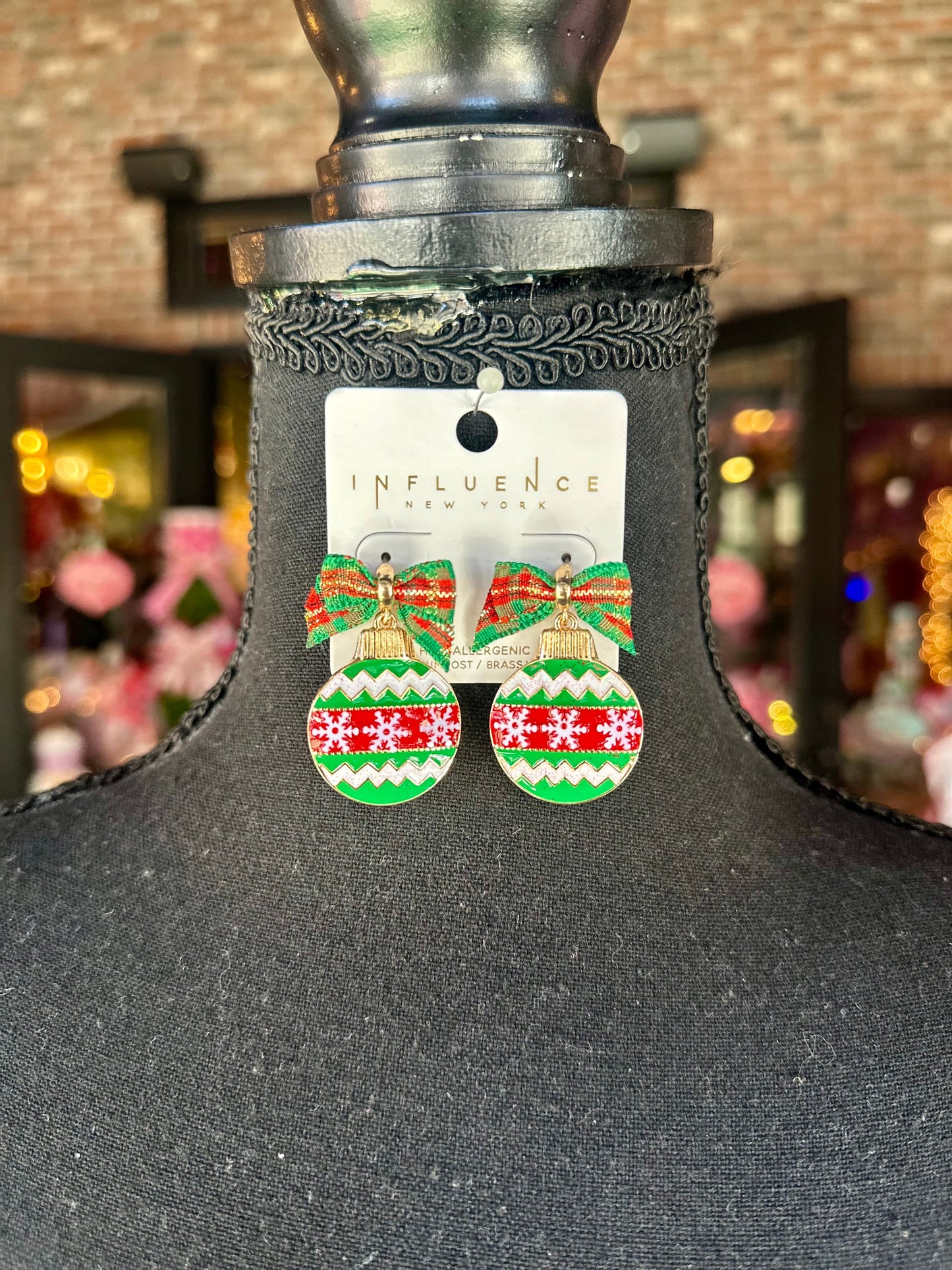 Red & Green Christmas Ornament & Bow Earrings