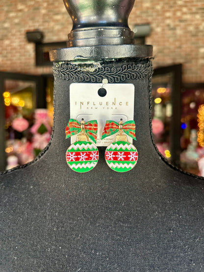 Red & Green Christmas Ornament & Bow Earrings