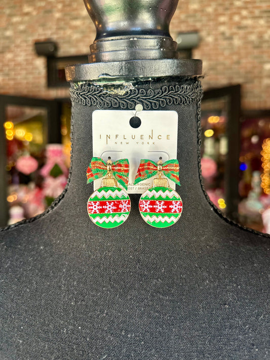 Red & Green Christmas Ornament & Bow Earrings