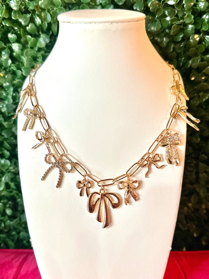 Gold Chain Multi Bow Charm Necklace