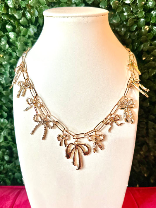 Gold Chain Multi Bow Charm Necklace