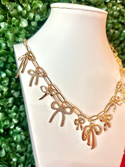 Gold Chain Multi Bow Charm Necklace