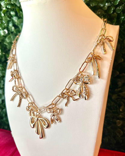 Gold Chain Multi Bow Charm Necklace