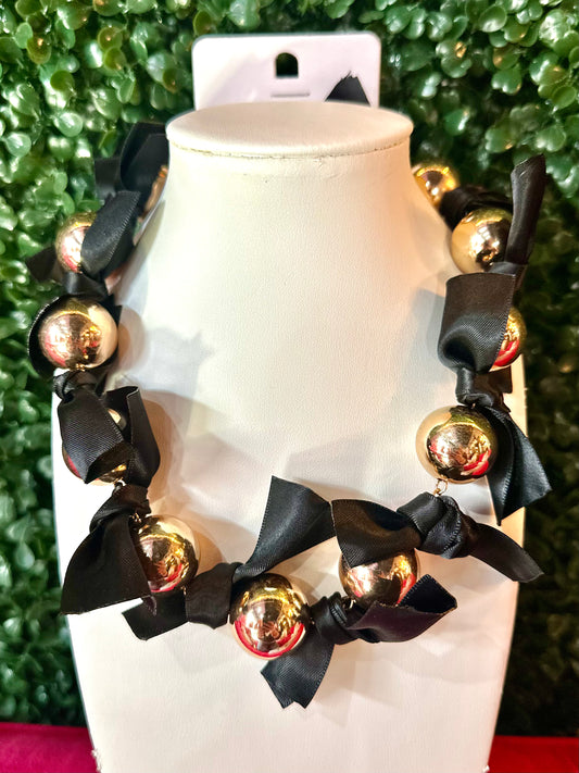 Gold Ball & Black Ribbon Necklace