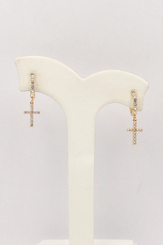 Gold Rhinestone Huggie & Cross Drop Earrings