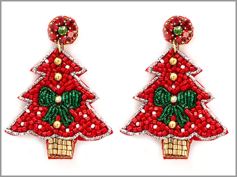 Red & Green Bow Beaded Christmas Tree Earrings