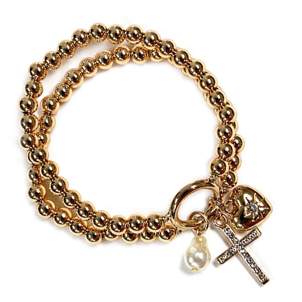 Gold Beaded Heart & Cross Charm Bracelet Set