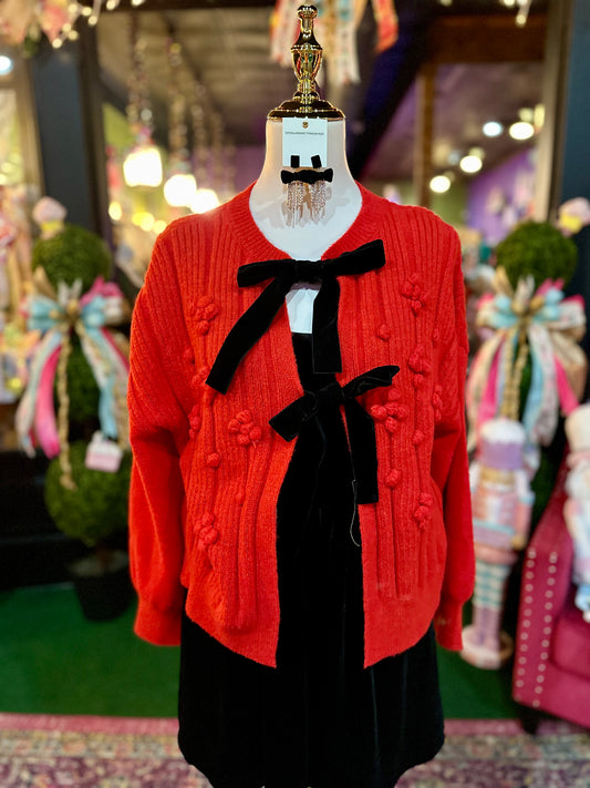 Red Pom Pom Knit Cardigan w/ Contrast Black Velvet Bows