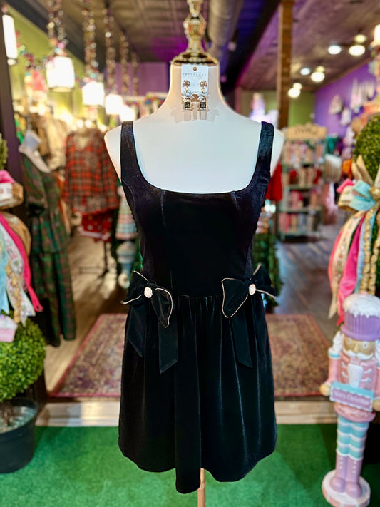 Black Velvet Jeweled Bow Detail Dress