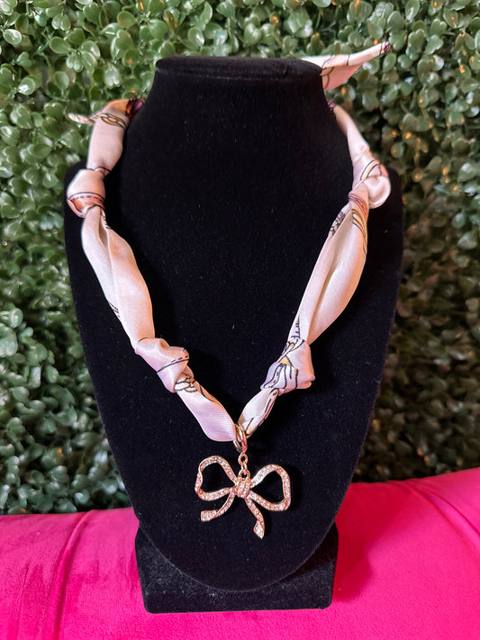 Rhinestone Bow Charm Scarf Necklace