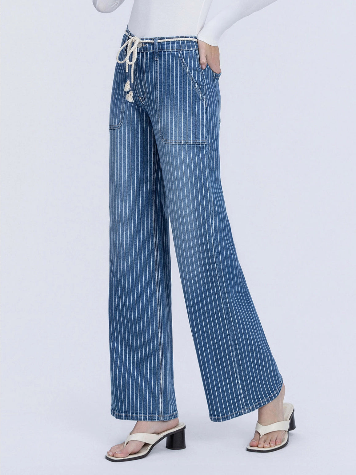 High Rise Striped Drawcord Wide Leg Jeans
