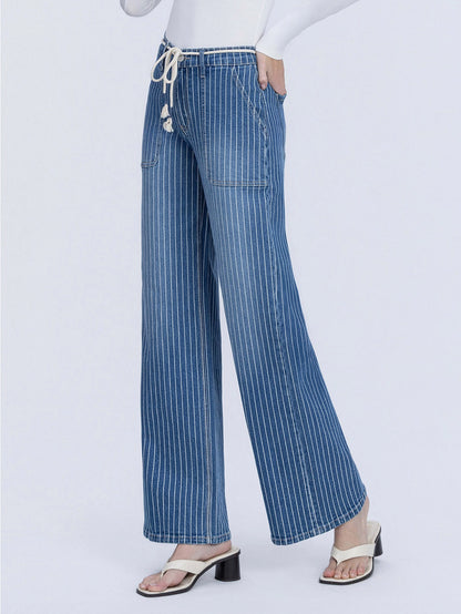 High Rise Striped Drawcord Wide Leg Jeans