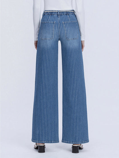 High Rise Striped Drawcord Wide Leg Jeans