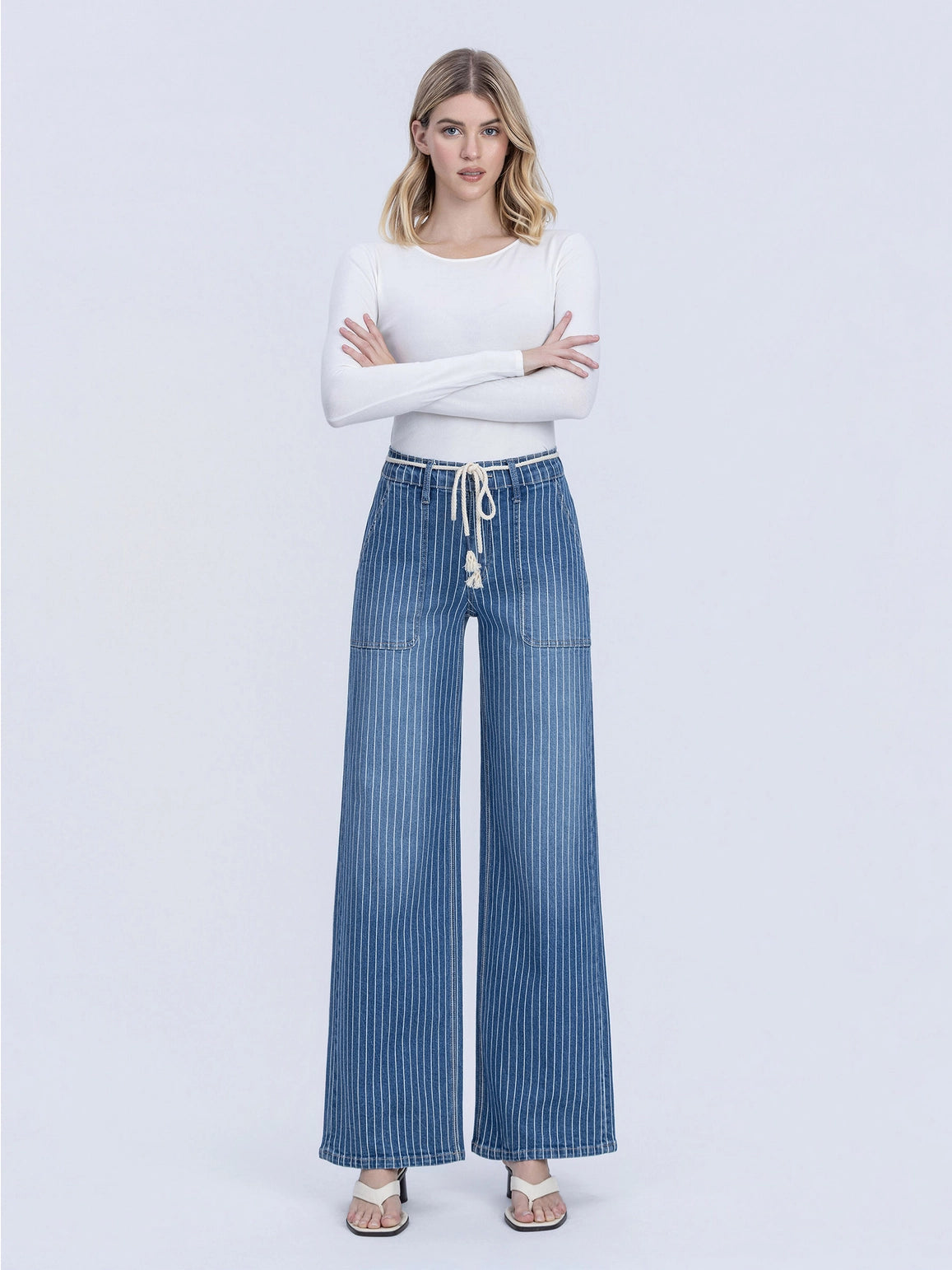 High Rise Striped Drawcord Wide Leg Jeans