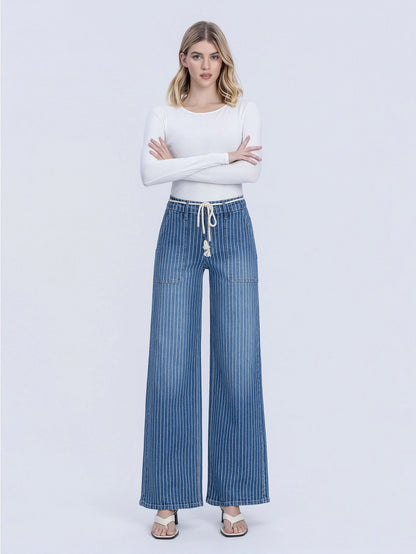 High Rise Striped Drawcord Wide Leg Jeans