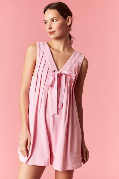 Light Pink Front Tie Pleated Terry Romper