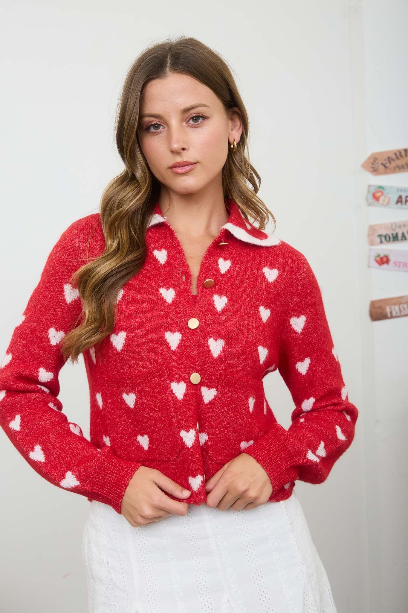 Heart Pattern Scallop Collar Button Down Cardigan