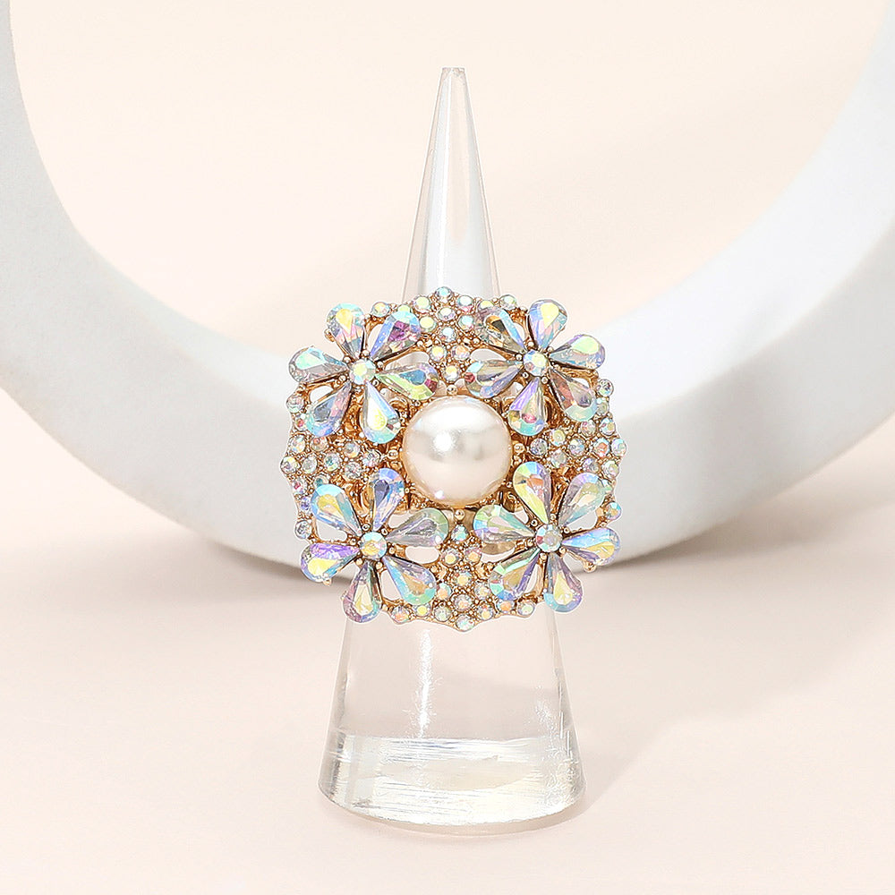 Pearl Center Rhinestone Embellished Blossom Ring