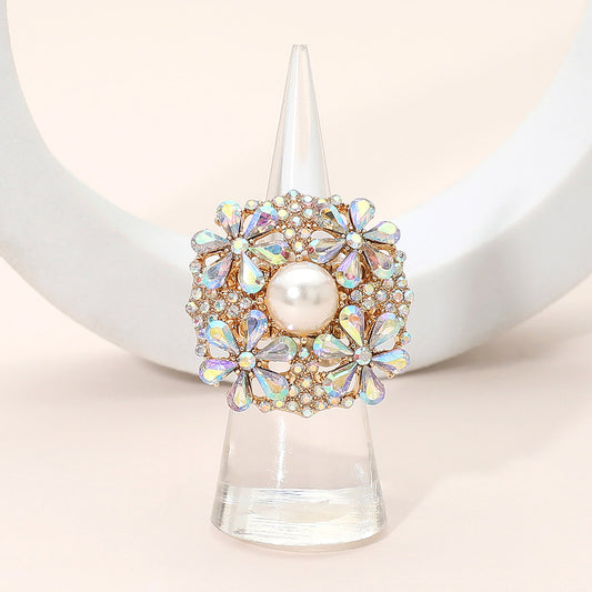 Pearl Center Rhinestone Embellished Blossom Ring