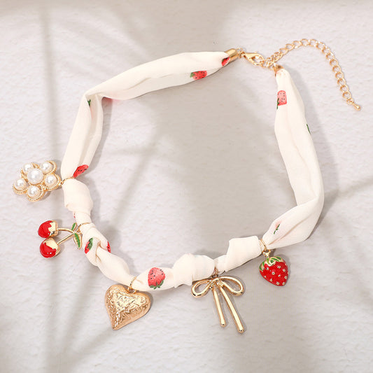 Strawberry Print Charm Scarf Necklace