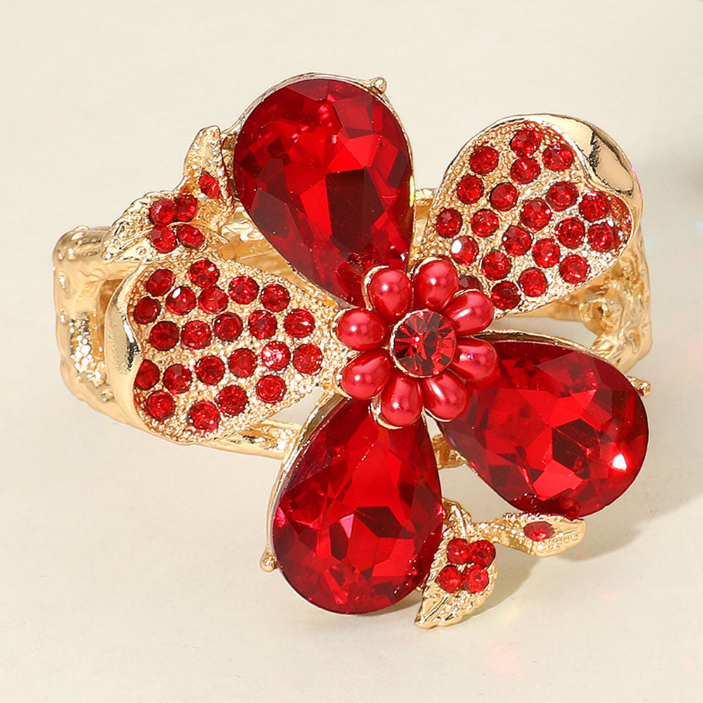 Red Jeweled & Pearl Embellished Flower Hinged Bangle