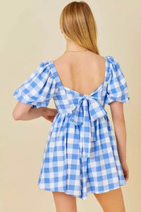 Blue Plaid Romper With Back Tie