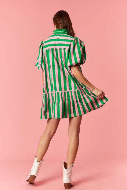 Pink Palm Striped Mini Dress