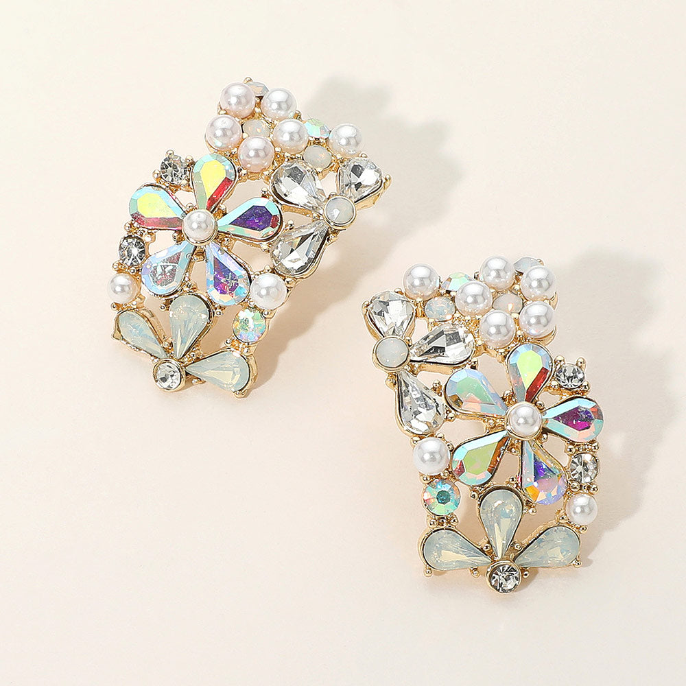 Jeweled & Pearl Embellished Curved Floral Earrings