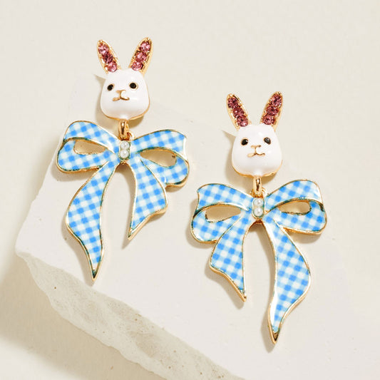 Easter Bunny Gingham Bow Drop Earrings