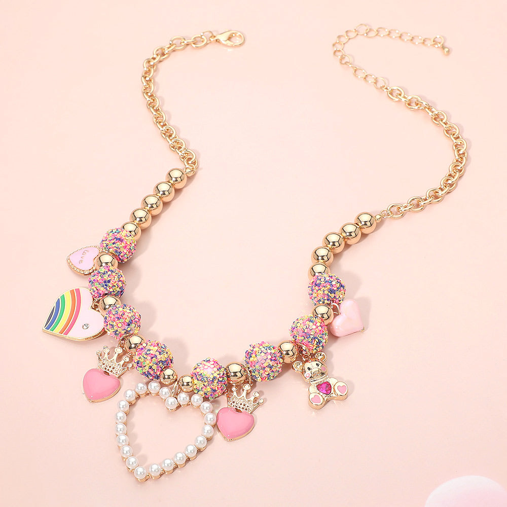 Heart & Teddy Bear Charm Beaded Necklace