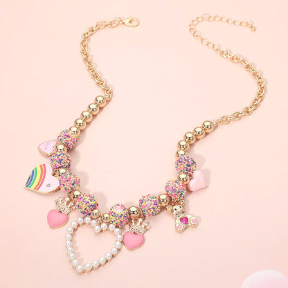 Heart & Teddy Bear Charm Beaded Necklace