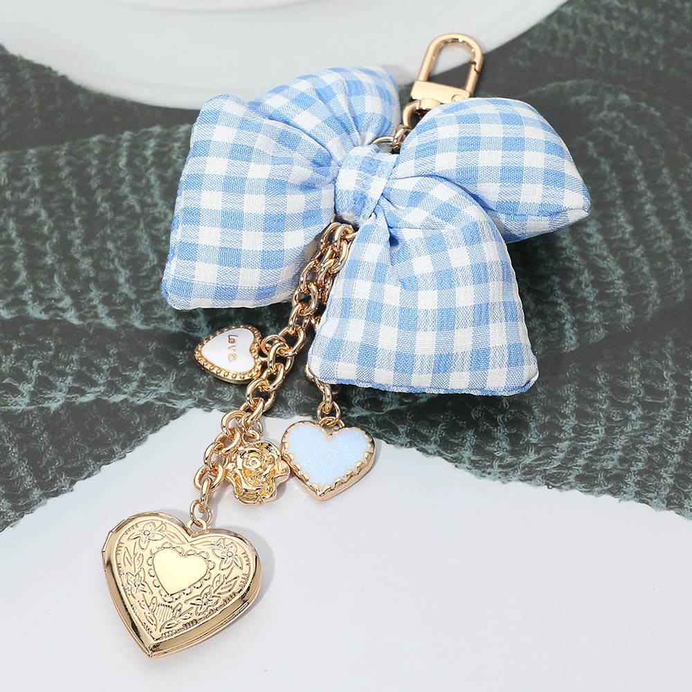 Checkered Bow & Heart Locket Charm Drop Bag Charm