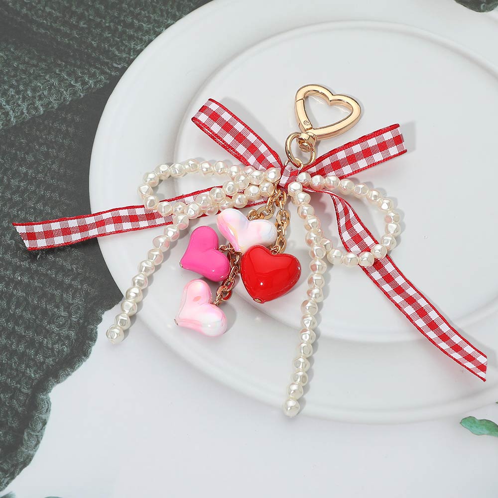 Red Gingham & Pearl Bow & Heart Charm Drop Bag Charm