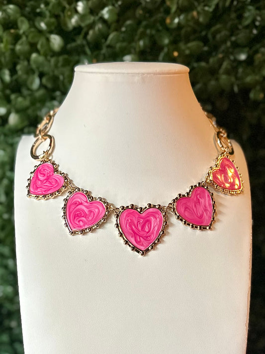 Hot Pink & Gold Linked Heart Enamel Necklace