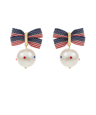 USA Flag Bow & Pearl Drop Earrings