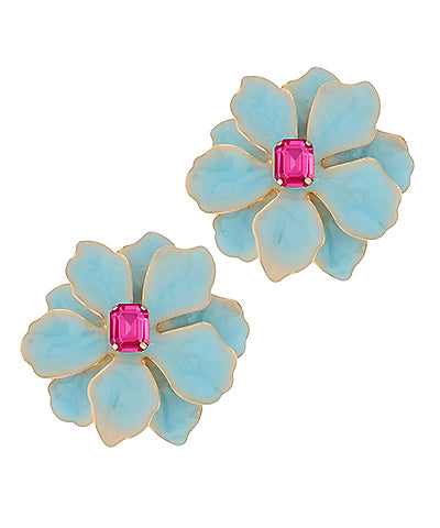 Light Blue Metal Flower Earrings
