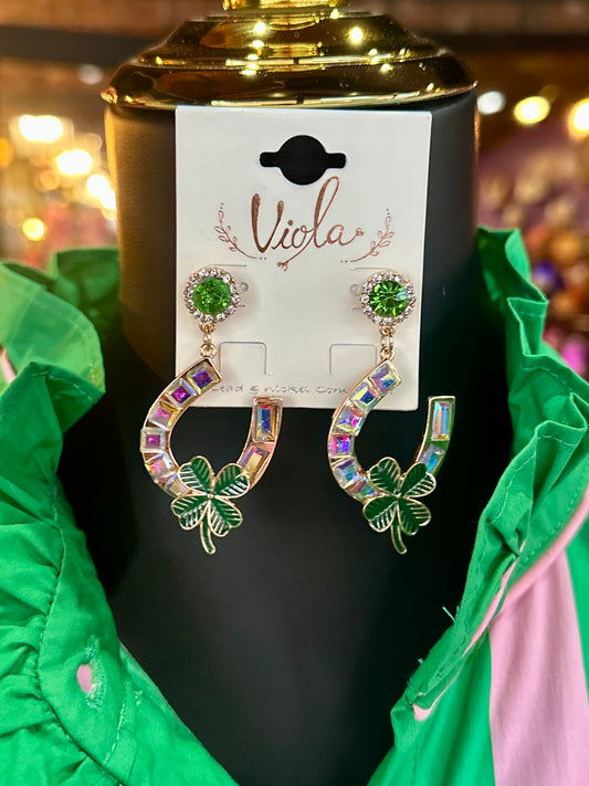 Jeweled Horseshoe & Clover Drop Earrings