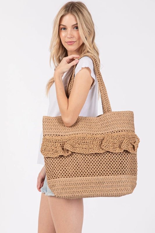 Ruffled Crochet Straw Tote Bag