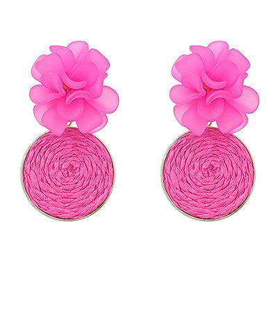 Fuchsia Flower & Raffia Dangle Earrings