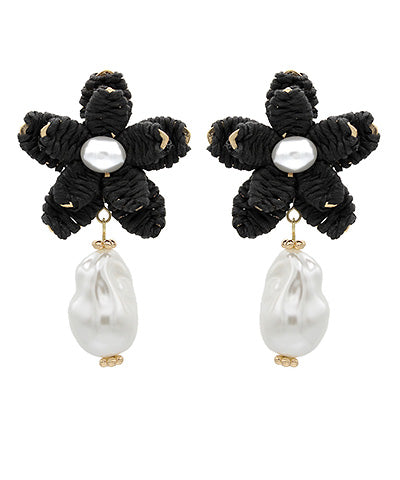 Black Raffia Flower & Pearl Drop Earrings