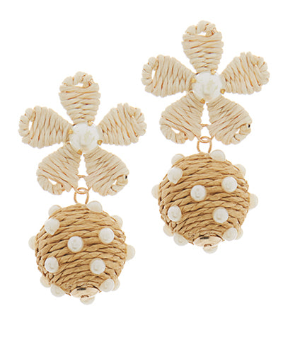Pearl Embellished Raffia Flower & Ball Drop Earrings