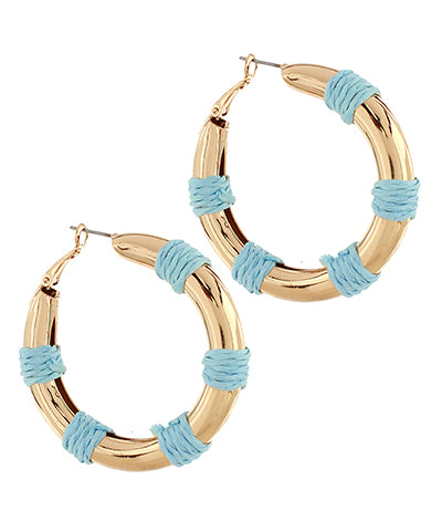 Light Blue Raffia Wrapped Gold Hoops