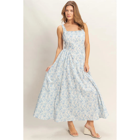 Blue Floral Empire Waist Midi Dress