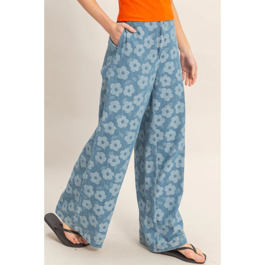 Light Blue Floral Wide-leg Pants